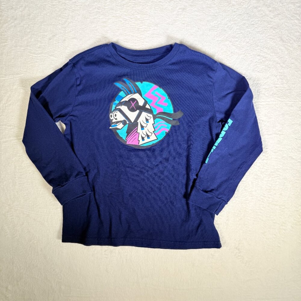 FORTNITE Shirt Boys‎ Size 8 Loot LLAMA Heads Long Sleeve Shirt Blue Video Game